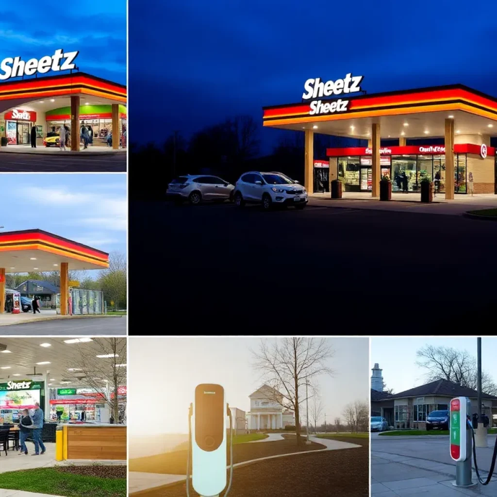 Sheetz convenience store illustration with electric vehicle chargers and outdoor seating.