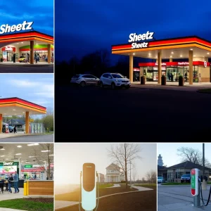 Sheetz convenience store illustration with electric vehicle chargers and outdoor seating.
