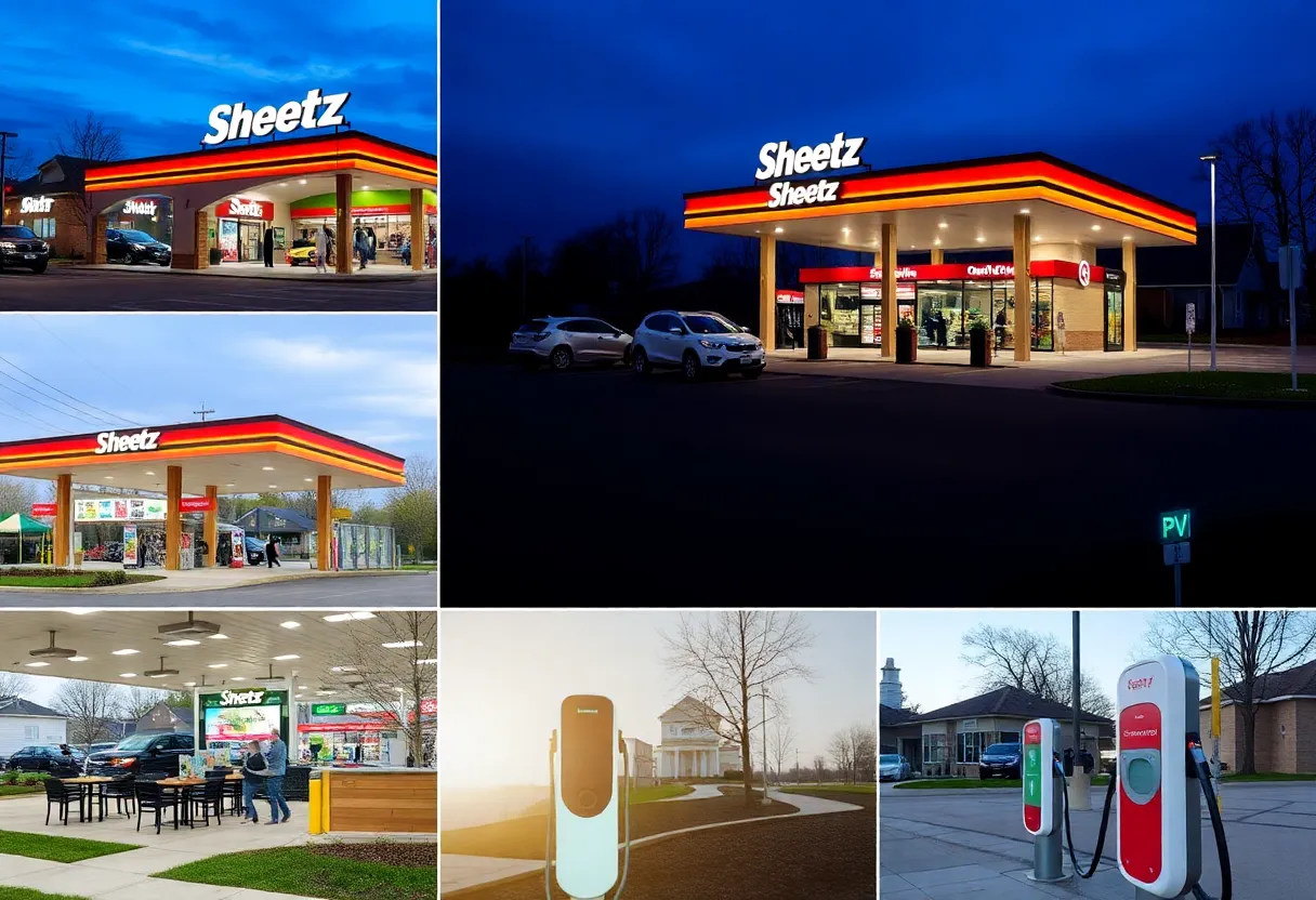 Sheetz convenience store illustration with electric vehicle chargers and outdoor seating.