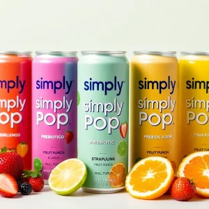 A collection of Simply Pop prebiotic soda cans in various flavors with fresh fruits.