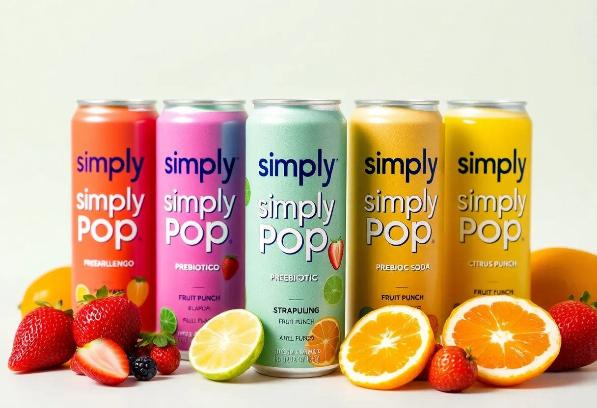 A collection of Simply Pop prebiotic soda cans in various flavors with fresh fruits.