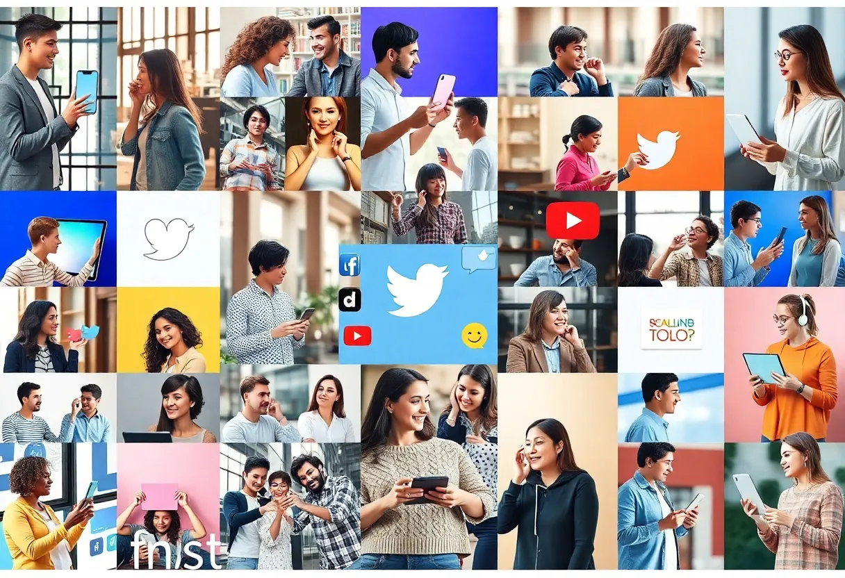 Collage of diverse individuals engaging with social media content