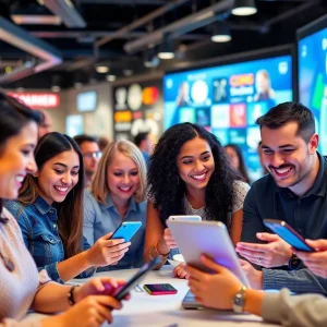 Consumers engaging with brands on social media platforms in a digital landscape.