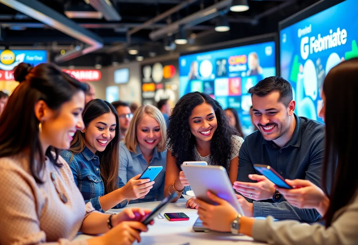 Consumers engaging with brands on social media platforms in a digital landscape.