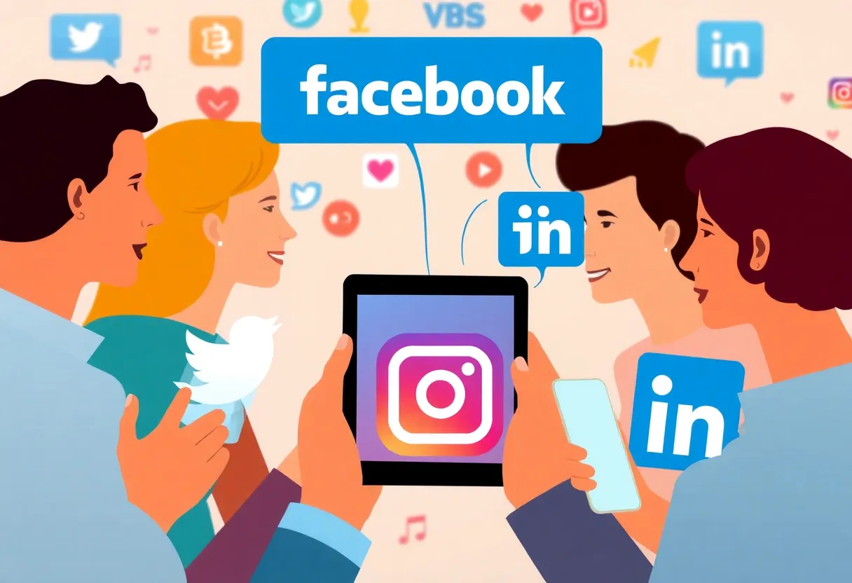 Illustration representing the interaction of various social media platforms with people.