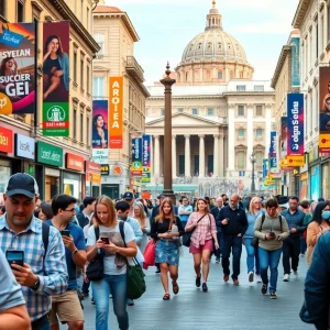 An artistic view of social media marketing in Rome with landmarks.