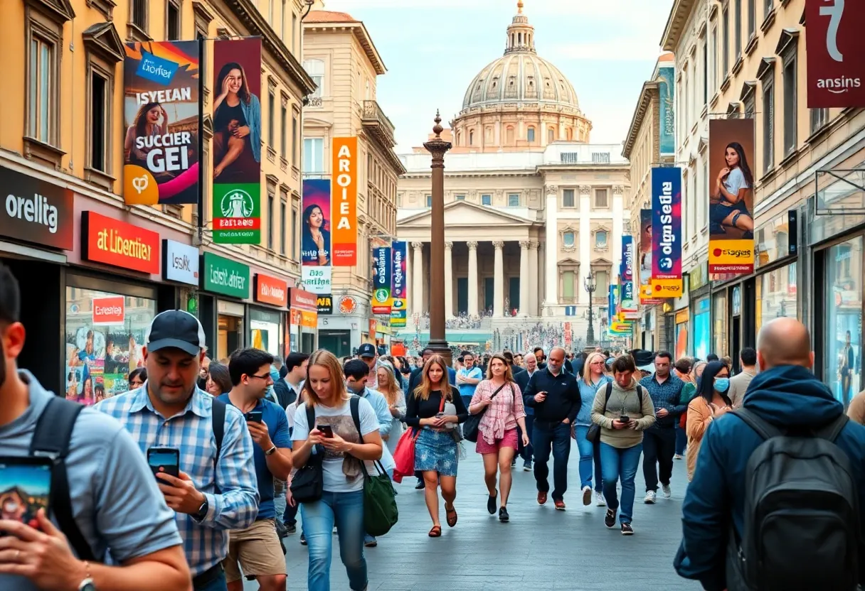 An artistic view of social media marketing in Rome with landmarks.