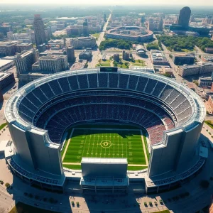 A historic view of Soldier Field during a football game.