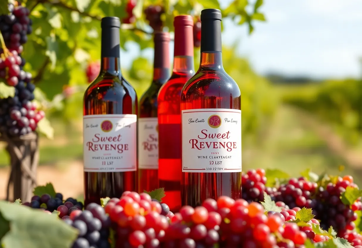 Display of 1.5-liter bottles of Sweet Revenge wine in a vineyard