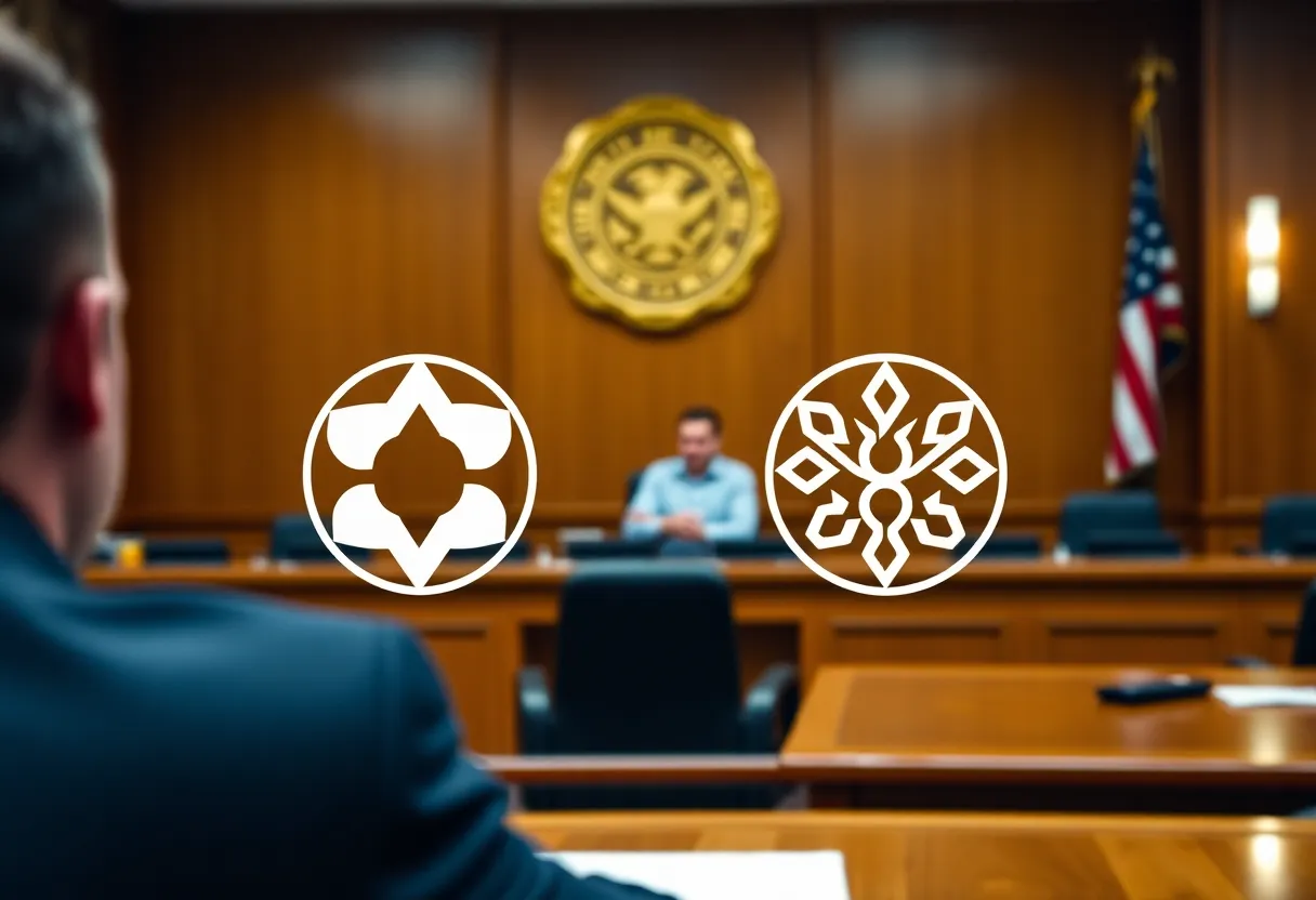 Courtroom scene depicting a trademark dispute resolution.