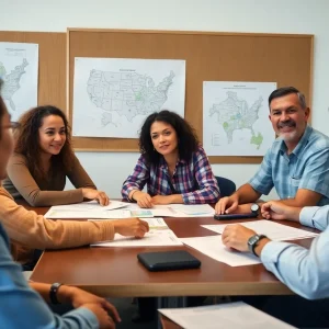 Emergency management professionals collaborating on disaster recovery strategies