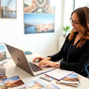 Travel advisor at desk with Uniworld marketing materials