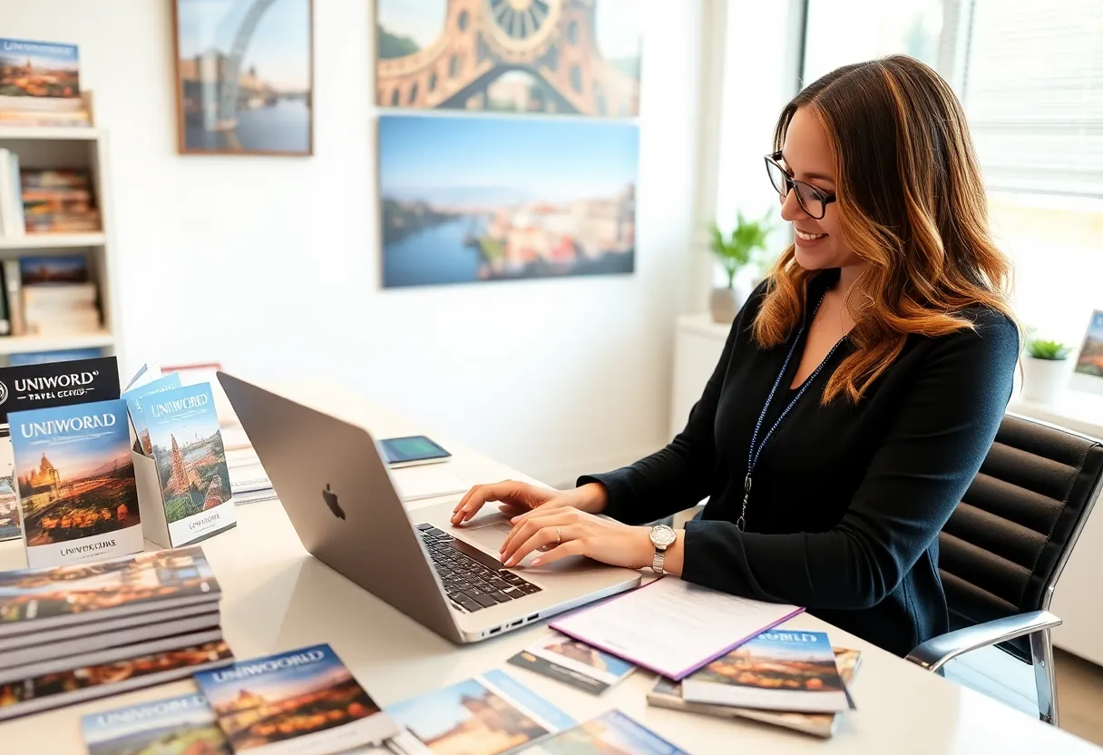 Travel advisor at desk with Uniworld marketing materials