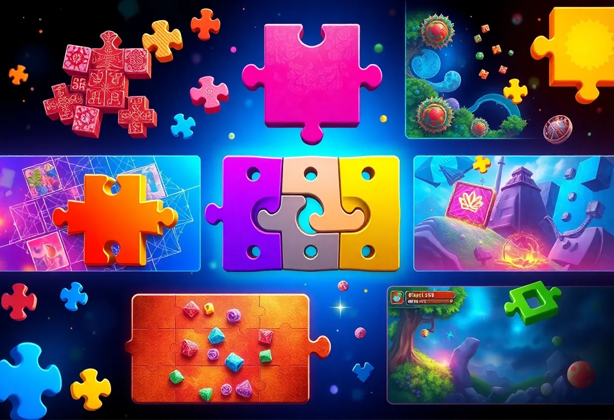 Illustration of various puzzle games showcasing gameplay elements.