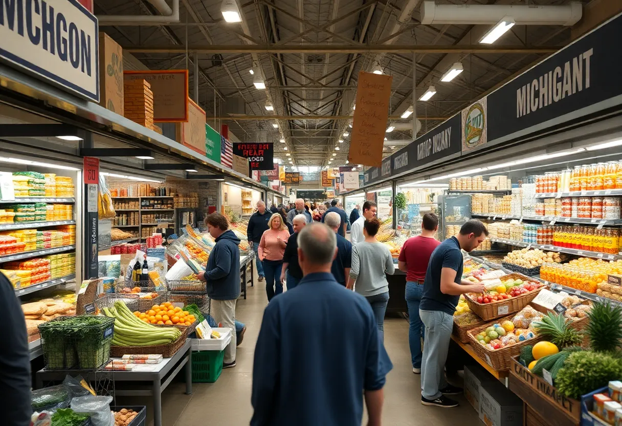 Marketplace in Michigan with shoppers concerned about rising prices from tariffs.