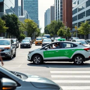 Dynamic city street filled with shared cars representing car sharing services.