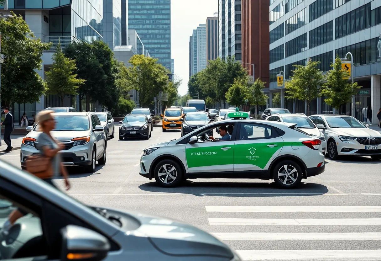 Dynamic city street filled with shared cars representing car sharing services.