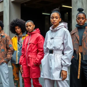 Models showcasing unique clothing brands in a creative urban setting.