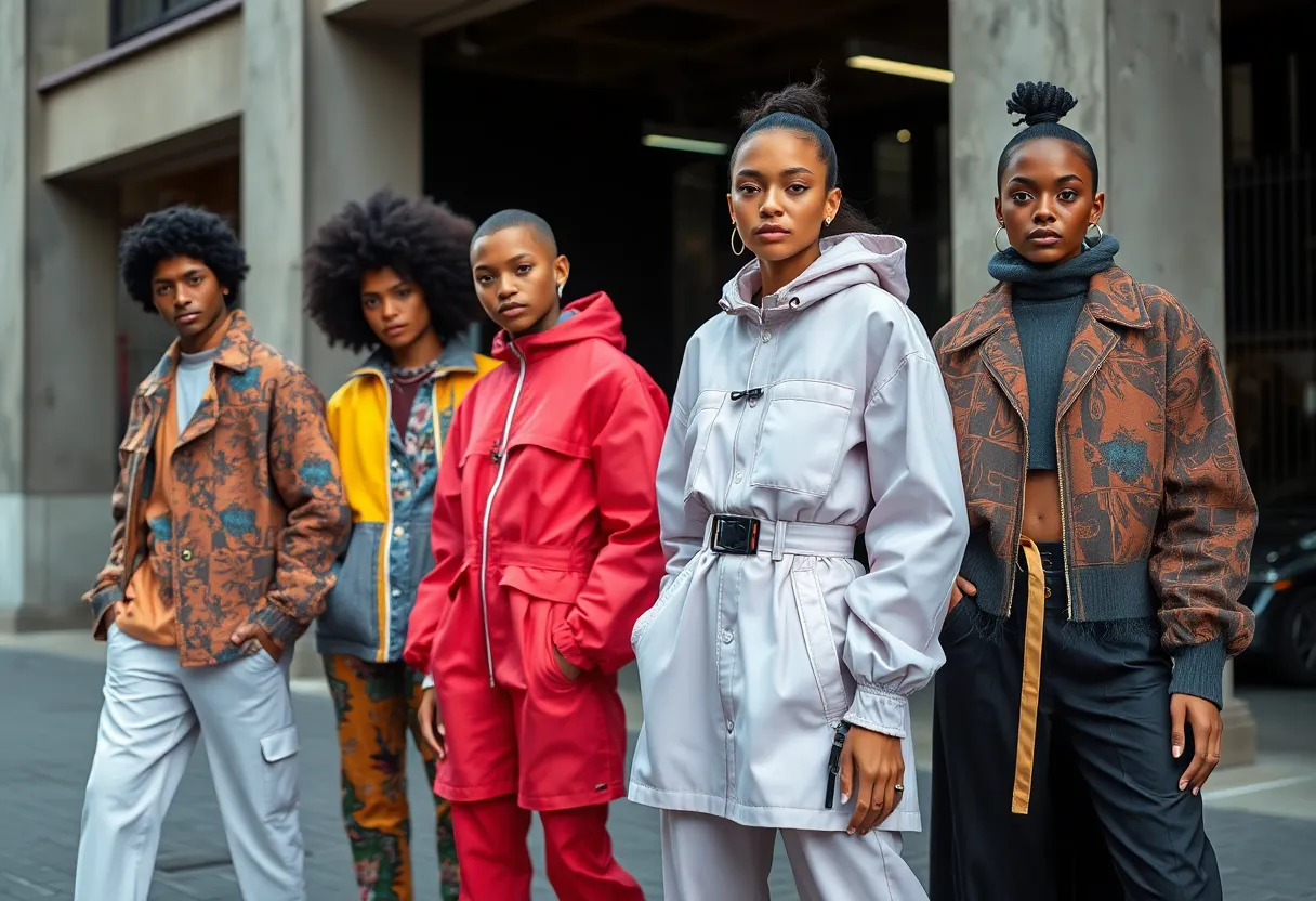 Models showcasing unique clothing brands in a creative urban setting.