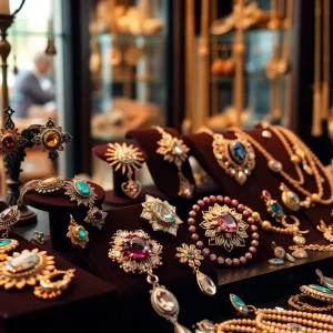 Display of vintage jewelry pieces in a boutique setting