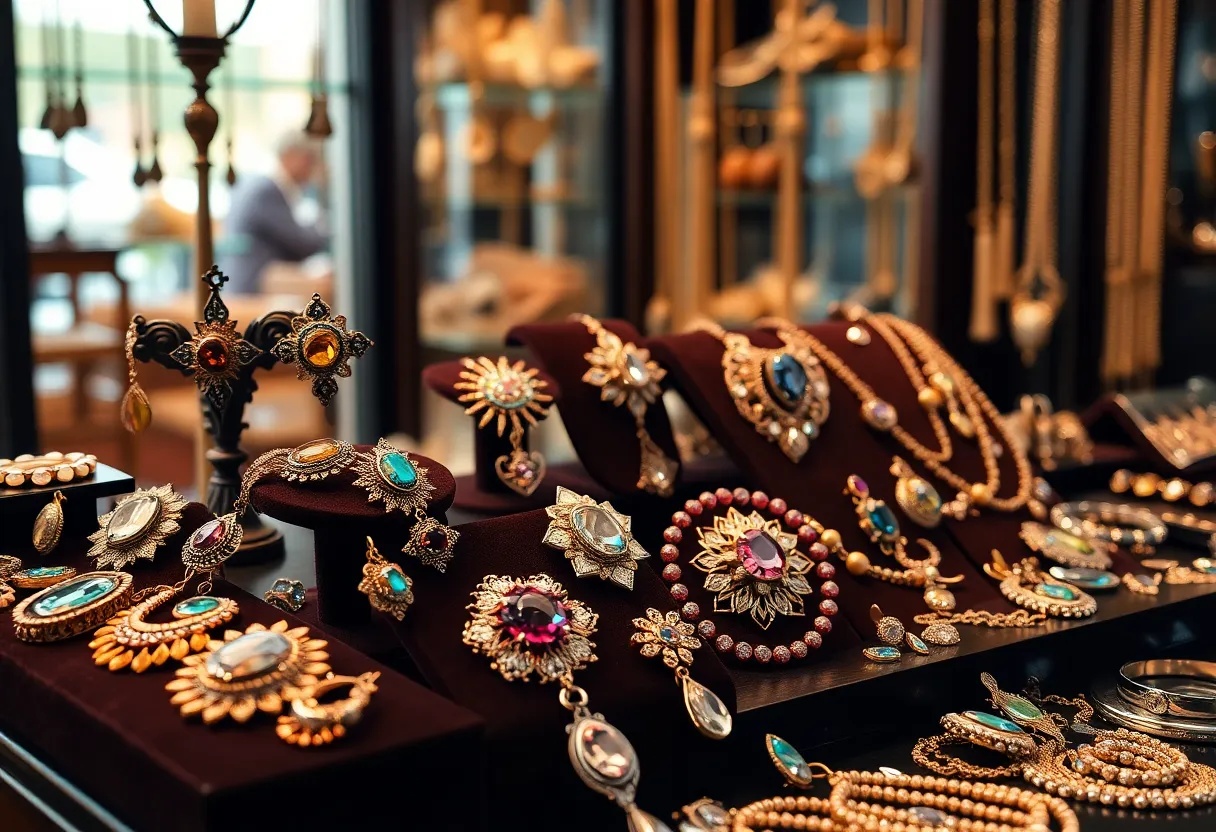 Display of vintage jewelry pieces in a boutique setting