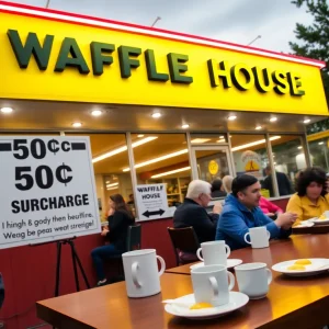 Exterior view of a Waffle House showing a sign about egg surcharge
