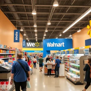 Interior view of a Walmart store with customers shopping