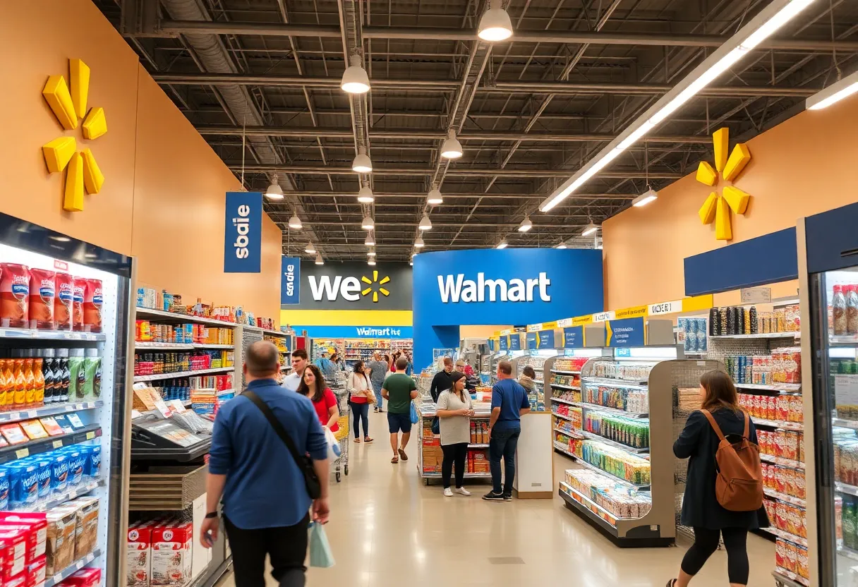 Interior view of a Walmart store with customers shopping