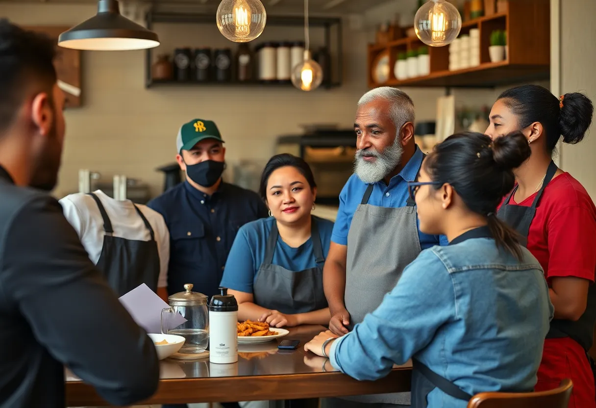 Group of diverse restaurant workers discussing wages