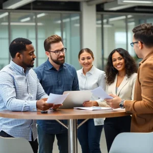 Professionals discussing labor relations in a modern office environment