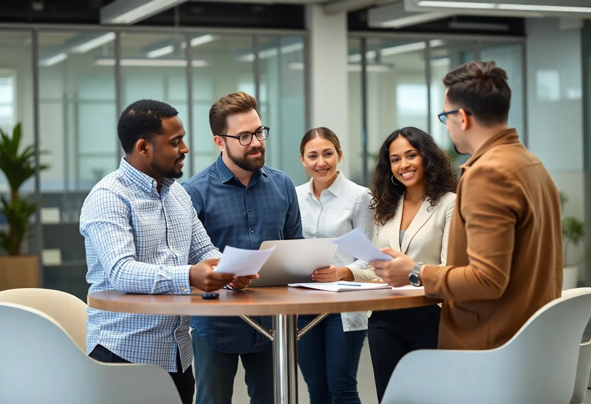 Professionals discussing labor relations in a modern office environment