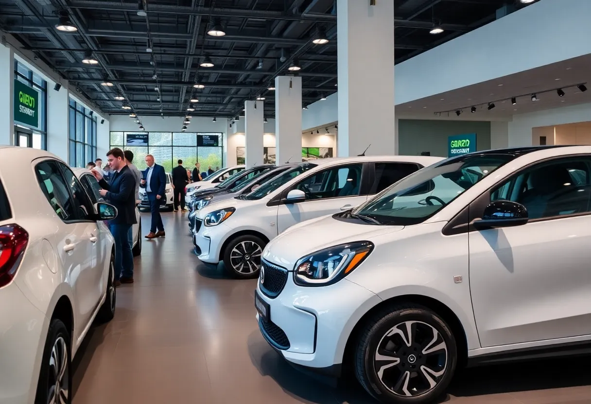 A variety of Xpeng electric vehicles on display in a modern showroom