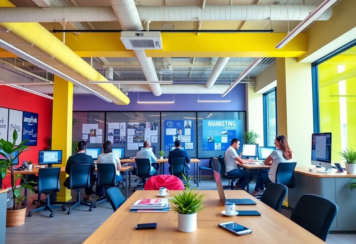 Office collaboration between Yes& and Beacon Digital Marketing teams