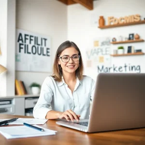 A person exploring affiliate marketing on a laptop in a cozy workspace.
