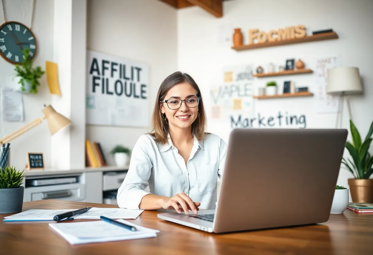 A person exploring affiliate marketing on a laptop in a cozy workspace.