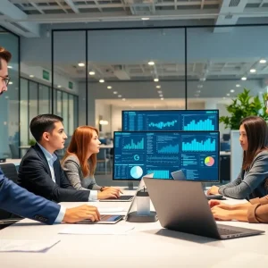 Compliance officers using AI technology to enhance AML compliance.