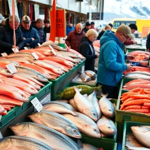 Fresh Alaska seafood available at a bustling market