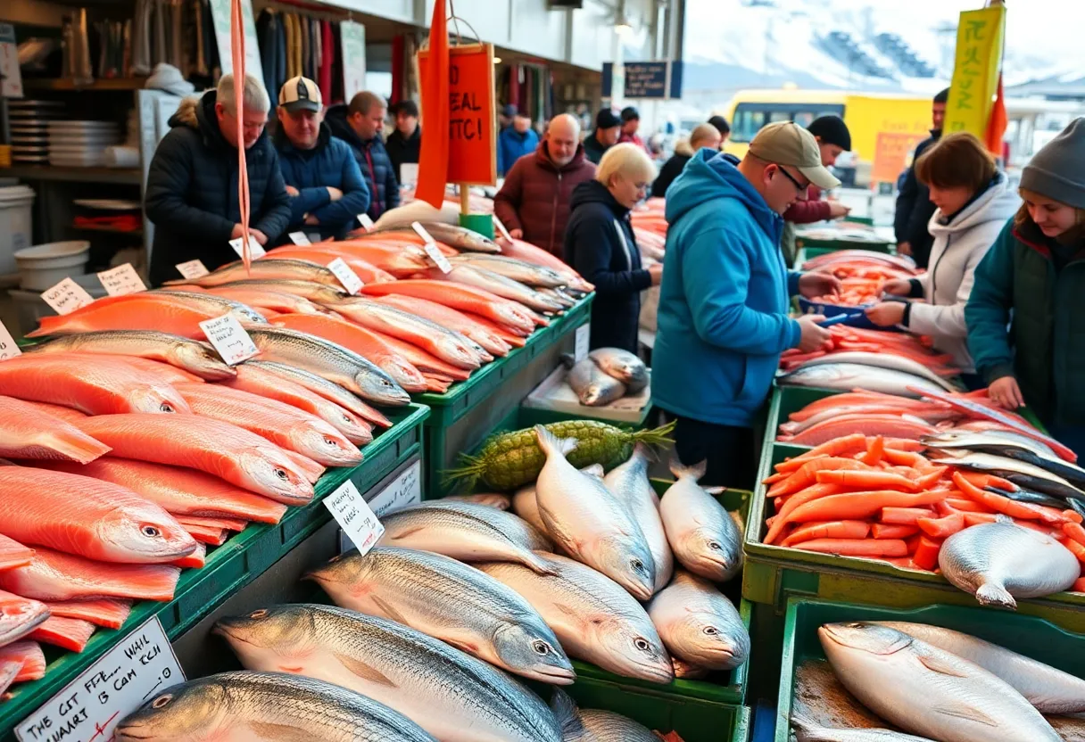 Fresh Alaska seafood available at a bustling market