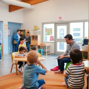 Resource center for families facing homelessness with play area.
