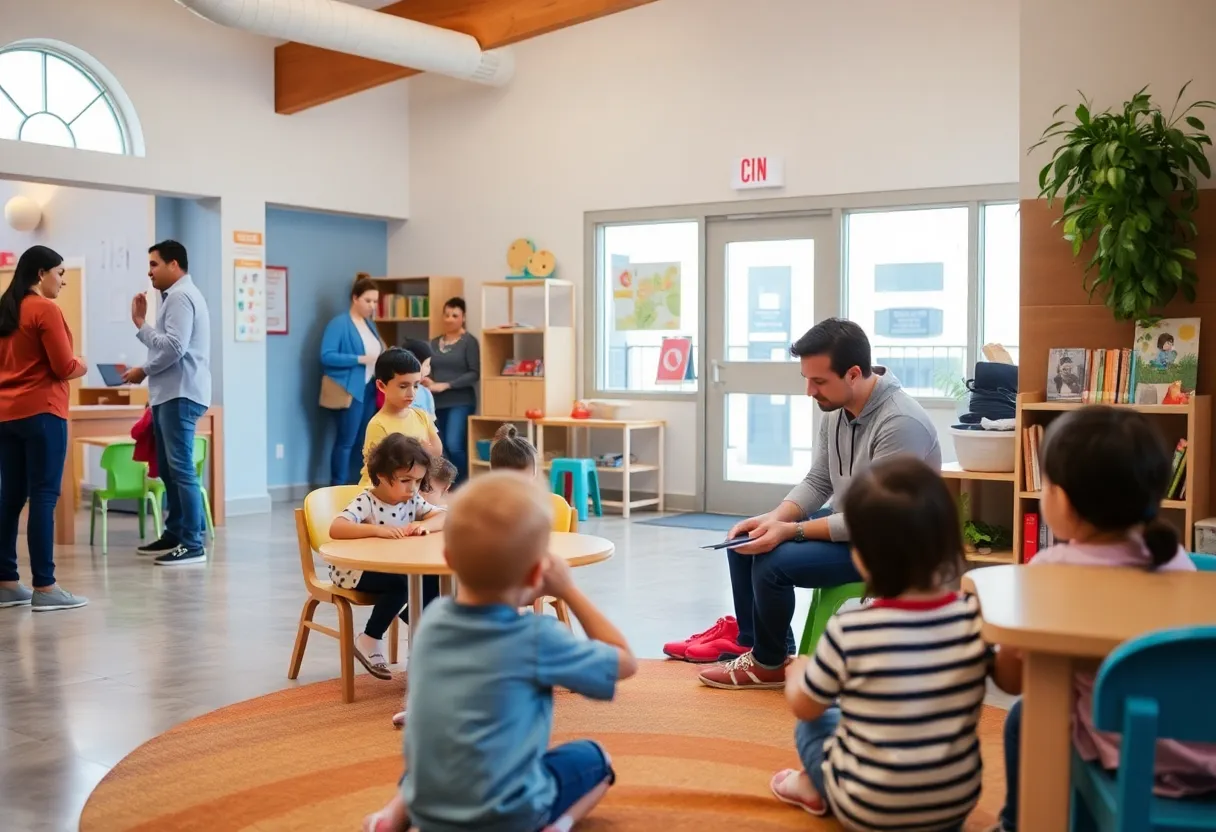 Resource center for families facing homelessness with play area.