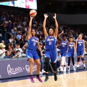 Atlanta Dream basketball team playing with cheering fans in the background