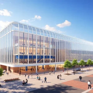 Rendering of the Austin Convention Center redevelopment showing modern architecture.