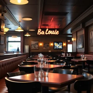 Interior of an empty Bar Louie gastropub, showcasing tables and decor.