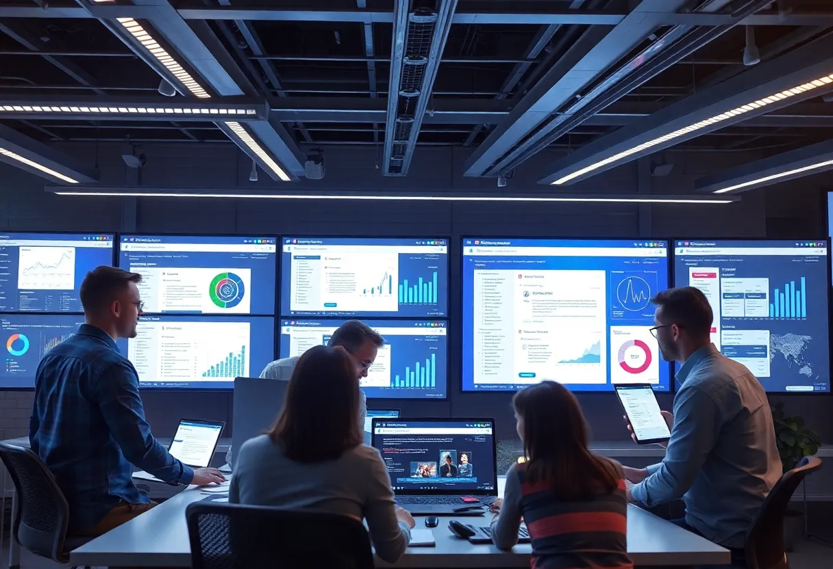 Business professionals reviewing email marketing software interfaces for 2024