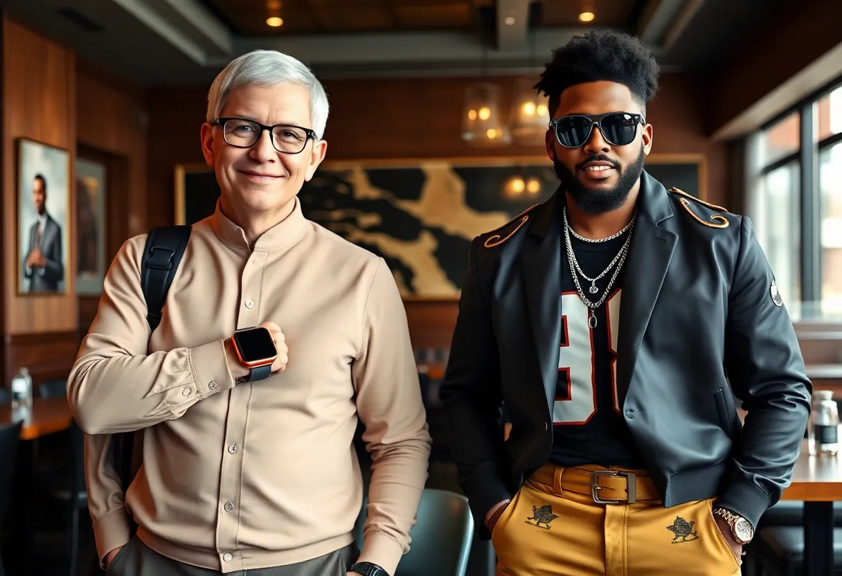 Tim Cook and Odell Beckham Jr. showcasing contrasting fashion styles.
