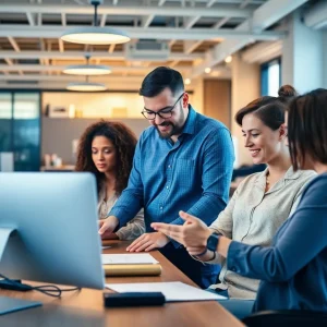 Professionals collaborating on branding and user experience