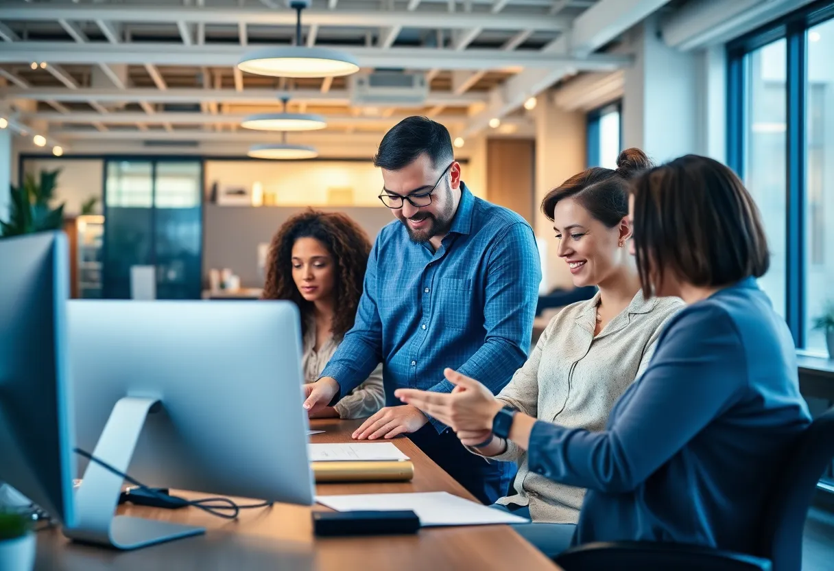 Professionals collaborating on branding and user experience