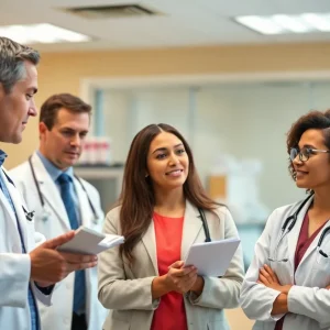 Healthcare professional discussing medication options with patients