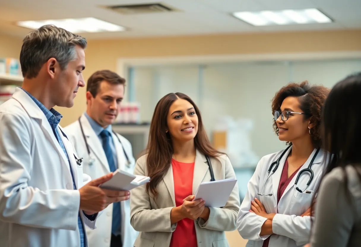 Healthcare professional discussing medication options with patients