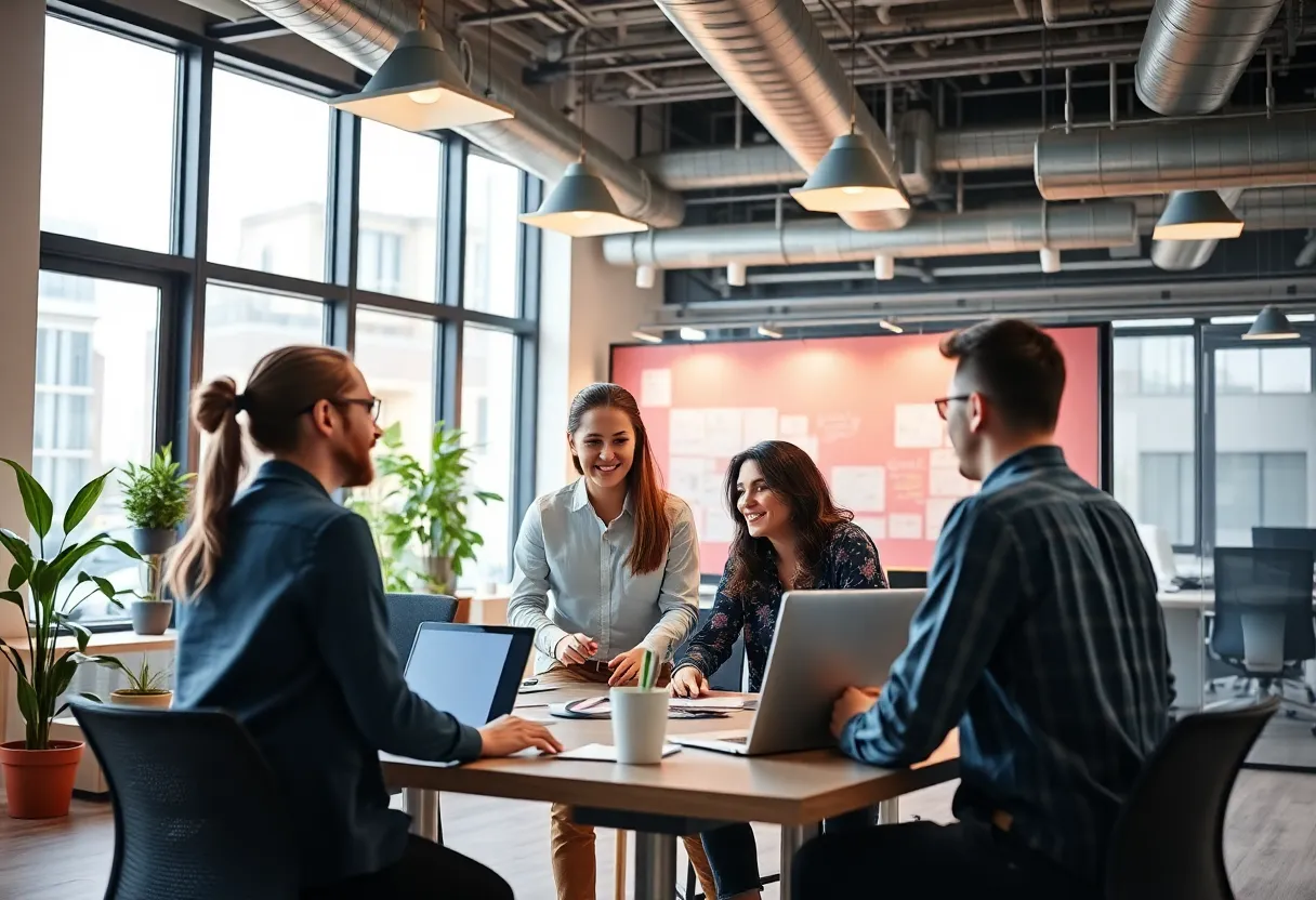 Caleb Turner in a modern office discussing digital marketing strategies